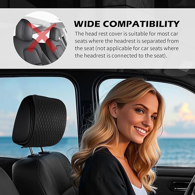 2PCS Headrest Covers for Cars,Anti-Slip & Leather Car Headrest Covers for Cars Decorations with Diamond Pattern,Anti-Dirt Car Seat Headrests Cover for Most Split Head Rest