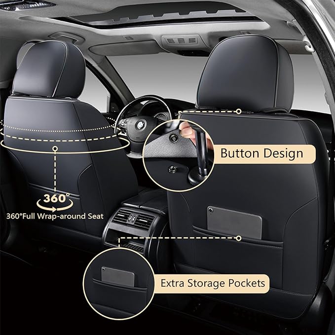 FLORICH Front Car Seat Covers, Luxury Waterproof Faux Leather Seat Covers Cushion, Black Car Seat Cover Protectors Universal Fit for Most 5 Seats Vehicles - Black