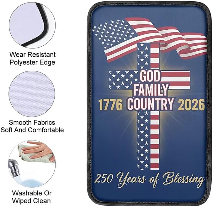 Dreaweet 250th Anniversary Center Console Cover God Family Country Cross Flag Print Car Arm Rest Cover Universal Fit Scratch & Wear Resistant Armrest Cover for Car Truck SUV