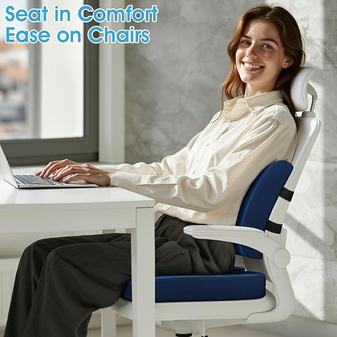 Seat Cushion, Lumbar Support Pillow with Adjustable Strap-Chair Cushions for Sciatica Pain Relief-with Washable Cover Memory Foam for Car, Travel and Wheelchair-Blue X-Large
