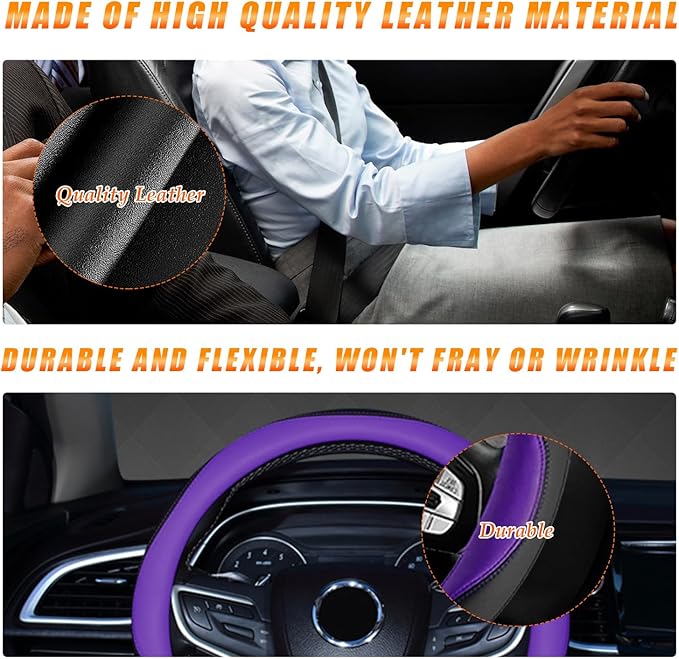 Ziciner Steering Wheel Cover, Soft Leather Premium Durable Elastic Auto Wheel Cover Protector, Stretch Breathable Anti-Slip Lining, Universal 14.5-15 inch Car Interior Accessories (Purple)