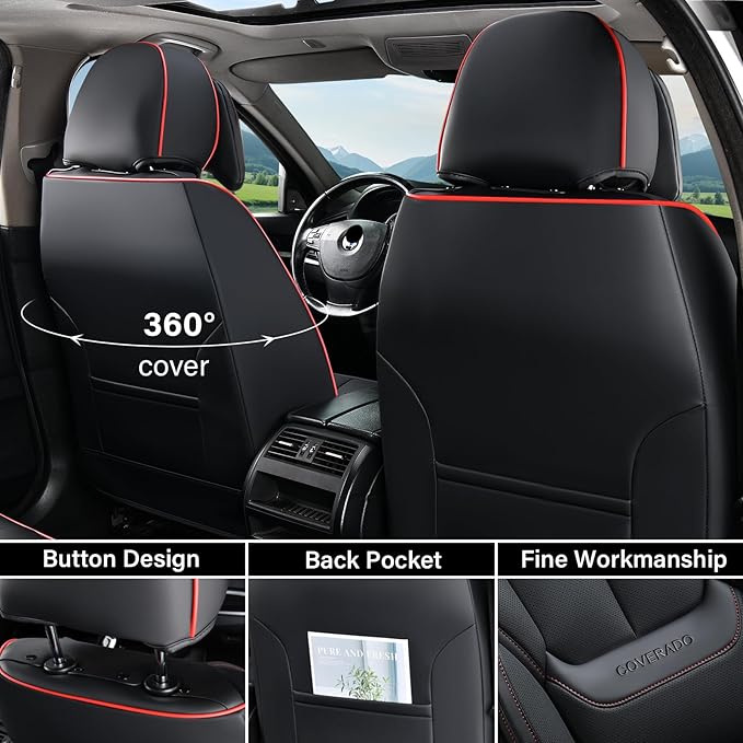 Coverado Universal Seat Covers Full Set, Universal Seat Covers for Cars, Waterproof Nappa Leather Car Seat Covers with Head Pillow, 5 Seats Auto Protectors Fit for Most Pick-up Truck, Black&Redline
