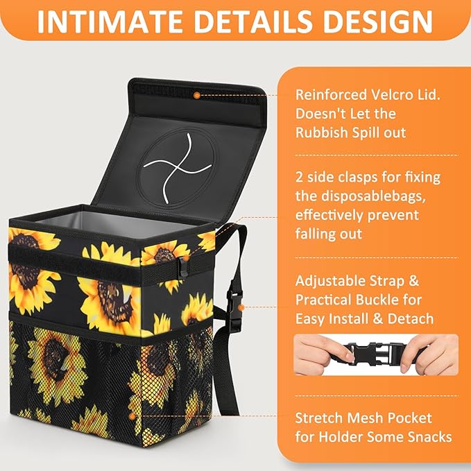 Vankor 3 Gallons Car Trash Can with Lid, Car Bag Bin Hanging Waterproof Automotive Garbage Cans Leak Proof Vehicle Trash Can Sunflower