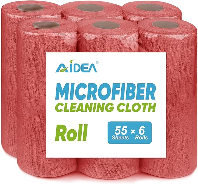 AIDEA Microfiber Cleaning Cloth 330 Sheets(6 Roll), Microfiiber Cloth for Cleaning Car, Reusable Paper Towels, Red Shop Rags Microfiber Towels for Automotive, Mechanic, Workshops, House-11×9"
