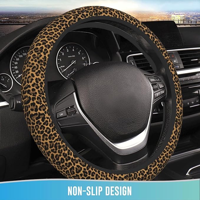 Elastic Steering Wheel Cover Car Accessories Cute Universal 15 Inch Absorbing Sweat Non-Slip Breathable for Man Woman - Brown Leopard