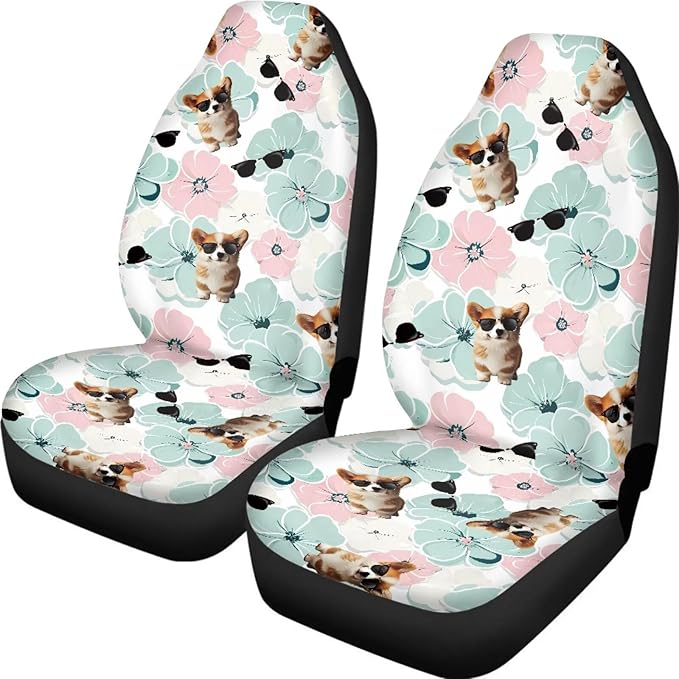 Funny Dog Flowers Car Seat Covers for Womens Mens Universal Auto Front Seats Protector Fits for Car,SUV,Van, Truck