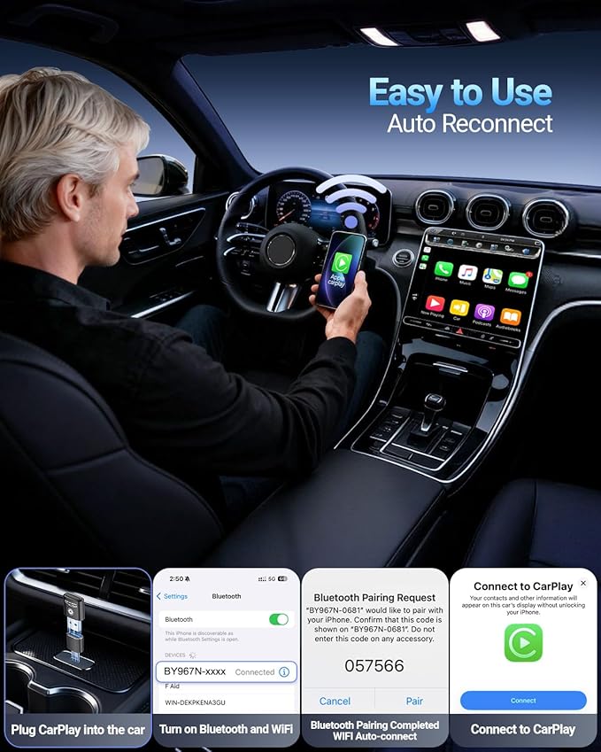 vnilrgle Wireless CarPlay Adapter for Apple iPhone（2026 Upgraded） Mini Design, Converts Factory Wired to Wireless Adapter for CarPlay, Plug and Play, Auto Connect Fast and Stable(Black)