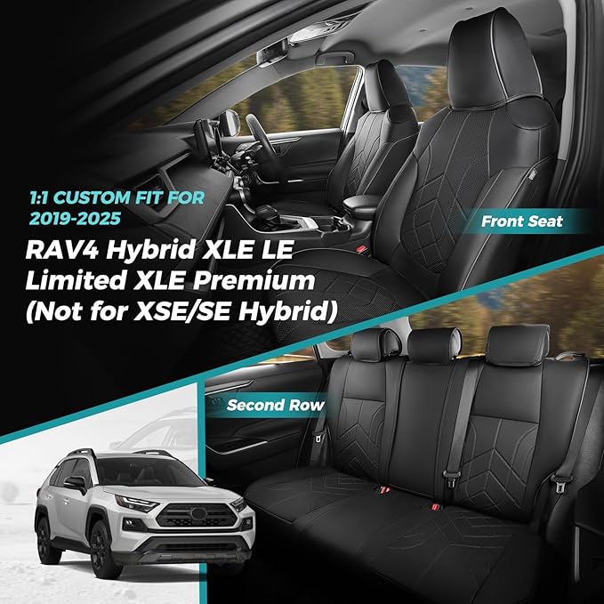 for Toyota RAV4 Seat Covers 2019 2020 2021 2022 2023 2024 2025 RAV 4 Prime & Hybrid XLE LE Limited XLE Premium (Not for XSE/SE Hybrid) - Custom Leather Car Seat Covers Full Set - Black
