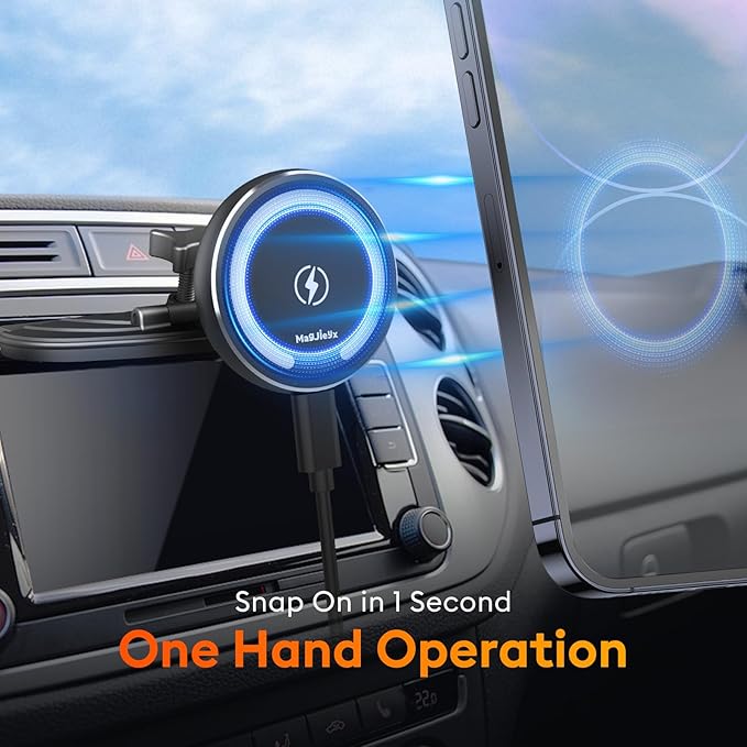 MAGJIEYX CD Slot Magnetic Wireless Car Mount Charger for iPhone 17 16-12, 3X Stable on Bumpy Roads, 99% Car/Truck-Approved, Charging Holder with 3M Dash Sticker, No Air Vent Block (38W Adapter)