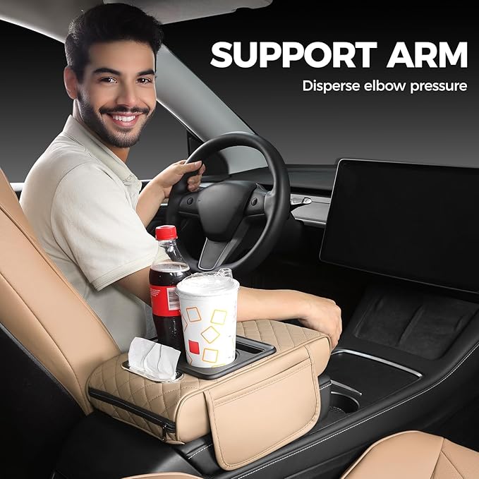 FREESOO Car Center Console Cover, Leather Armrest Cover for Car, Universal Middle Console Cushion with Storage Box, Cup Holder, Tissue Box & Phone Slot, Luxury Waterproof Interior Accessories, Beige