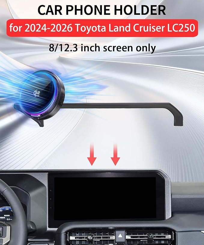 Qi2.2 25W Magnetic Car Mount Charger for 2024-2026 Toyota Land Cruiser LC250 Accessories, for Fast Charging Cell Phone Holder 8/12.3 Inch Screen Fixed Clip with Cooling Fan＆54W Fast Adapter