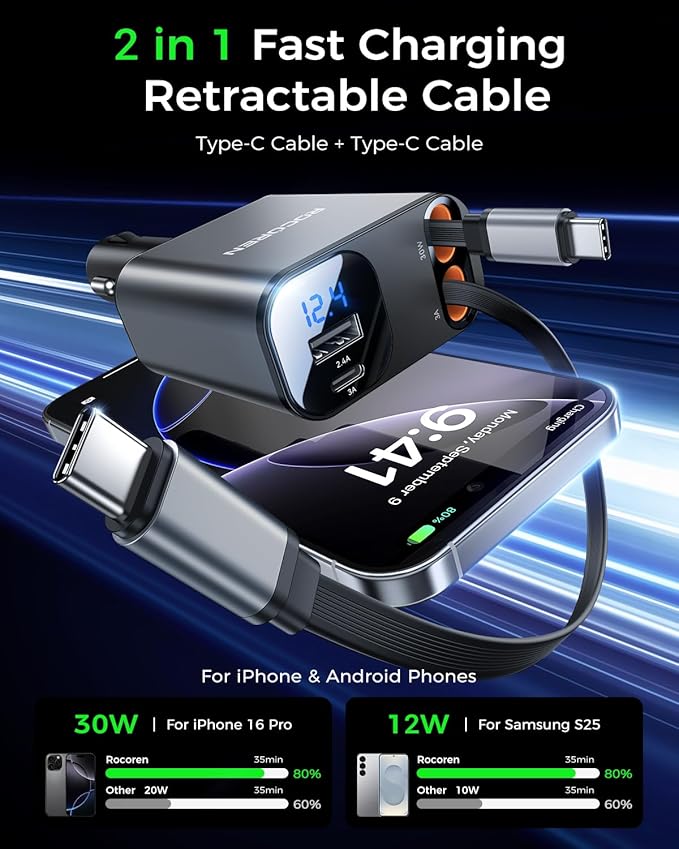 Retractable Car Charger for iPhone 17,Rocoren 4 in 1 USB C Car Charger Fast Charging with Dual 2.62Ft Type-C Cable,69W Car Phone Charger,Road Trip Essentials,Car Accessories for iPhone 16,iPad,Android