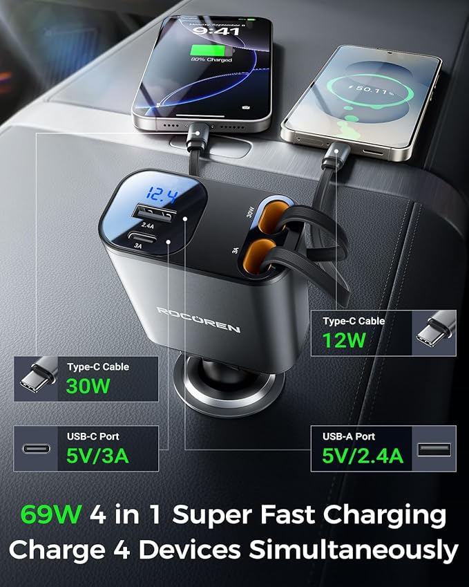 Retractable Car Charger for iPhone 17,Rocoren 4 in 1 USB C Car Charger Fast Charging with Dual 2.62Ft Type-C Cable,69W Car Phone Charger,Road Trip Essentials,Car Accessories for iPhone 16,iPad,Android