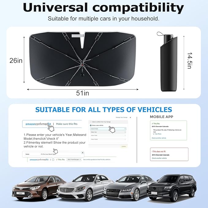 [Upgraded] DooGooCoo Windshield Sun Shade Umbrella - Medium, Car Sunshade for Front Windshield [UV Block & Heat Shield], Keep Car Cooler & Protect Interior Sun Shade for car Windshield (57"x32")