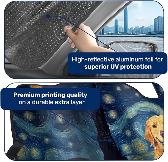 Genany Golden Retriever Art Windshield Sun Shade for Car SUV Truck (55x30 Inches), Sun Shade Windshield, Shades for Windows, Protector Blocks UV, Car Decor