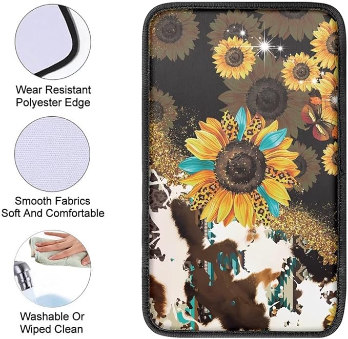 Universal Armrest Cover Pad, Sunflower Cow Print Car Center Console Cushion Pad, Protect from Pet Claws, Sticky Fingers, Auto Decor Accessories