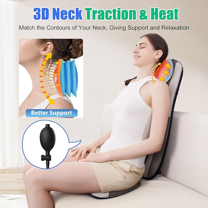 Shiatsu Back Massager with Heat, Massage Chair Pad Seat Cushion for Stress Relief, Deep Tissue Kneading & Roller, 2 Vibration Motors, Back Waist Hip Massager, PU Leather, with 2 Adapters