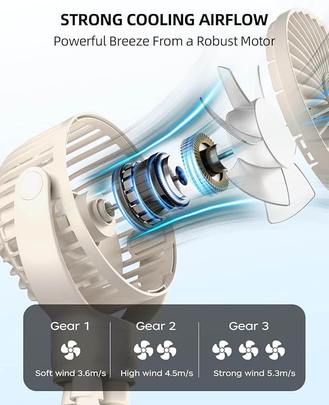 Portable Stroller Mini Fan, Small Rechargeable Personal Fan, Travel Essentials for Baby, Wagon, Car Seat, Treadmill, Battery Powered Biking Gear Accessories, 360° Rotation, 3-Speed, Display, Beige