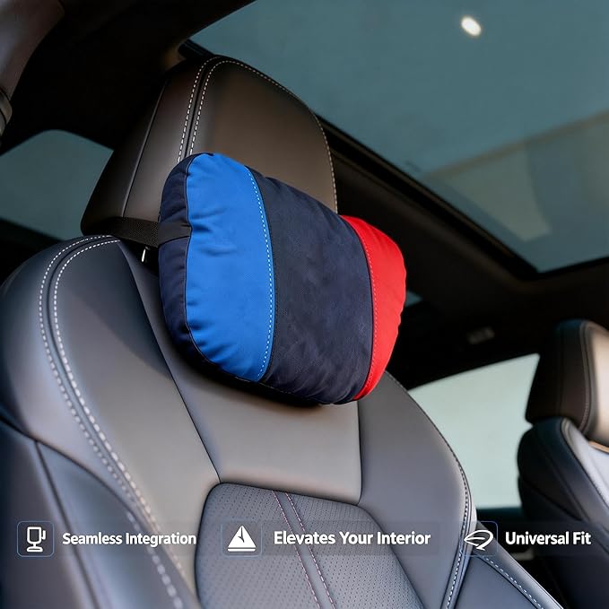 Car Headrest Pillow for BMW Interior Accessories, Neck Cushion MTri-Style 3-Color Stripe Design, Microfiber Suede Cover, High-Resilience Foam, Sporty Interior Decor for Driving Comfort, 1 pcs