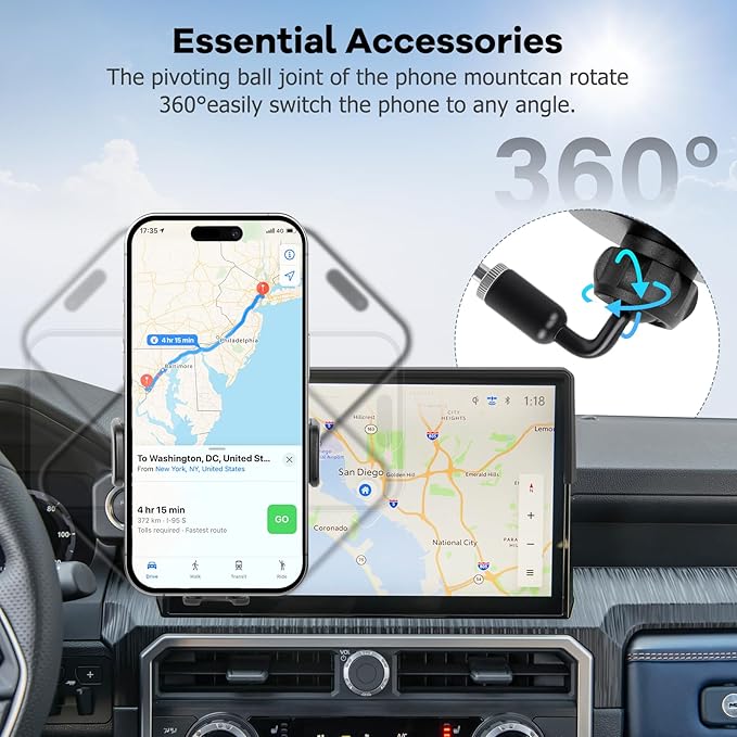 Car Phone Holder Fit for Toyota Tacoma 2024 2025/4Runner 2025 Accessories Fit 14-inch Screen, Dashboard Organizer with Cell Phone Mount Automobile Cradles Hands-Free 360 Degree Rotation