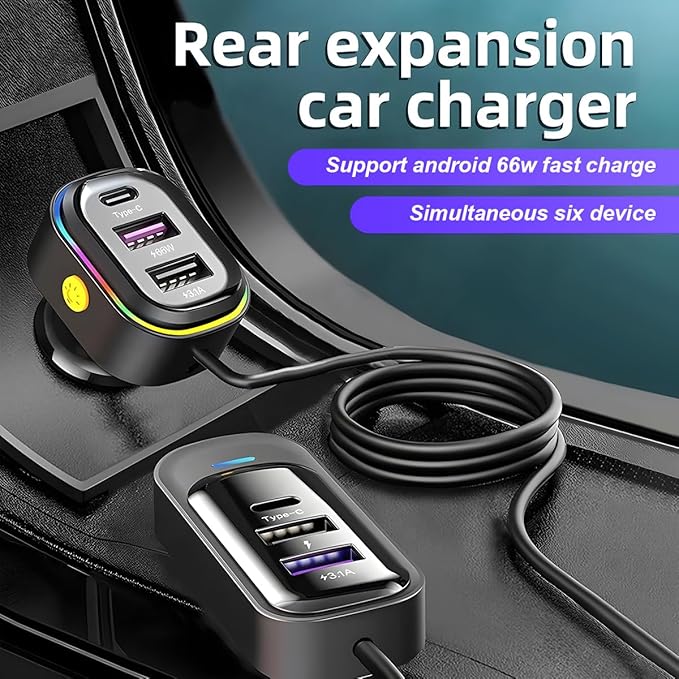 Car Charger with 6 Multi Ports USB Type C, 66W & QC3.0 Fast Charging Adapter Auto Cigarette Lighter Plug, for iPhone 15 Max Pro Samsung Android Smart Phone Tablets & More