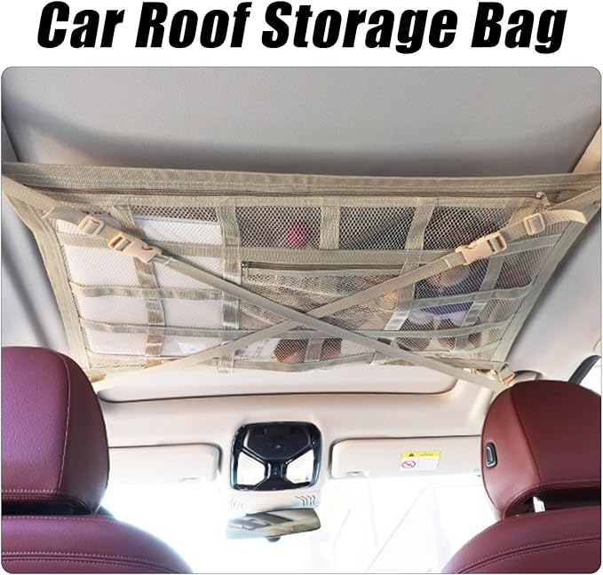 Overhead Car Organizer, Compatible with Ford F-150 XL/Raptor 2010-2025 Car Roof Storage Net Universal Car Ceiling Storage for Camping Storage Bag,Beige-Small