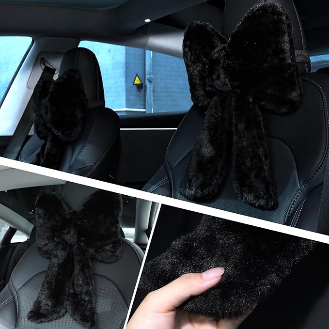 Macarrie 2 Pcs Car Neck Pillow Plush Butterfly Bow Car Headrest Pillow Comfortable Seat Neck Support Cute Car Head Rest Accessories for Driving Travel Driver Chair Girl Style Interior Decor (Black)