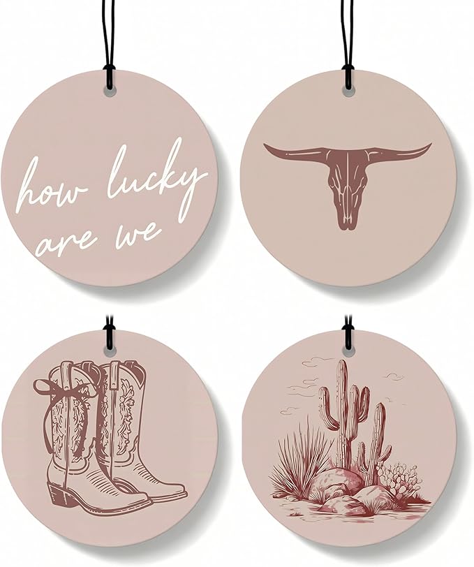 Boho Beige Western Round Car Air Freshener 4 Pcs, Cow Skull Cactus Cowgirls Boots Hanging Air Freshener for Cars Closet Drawer Books, Western Country Car Accessories Mirror Decor for Women
