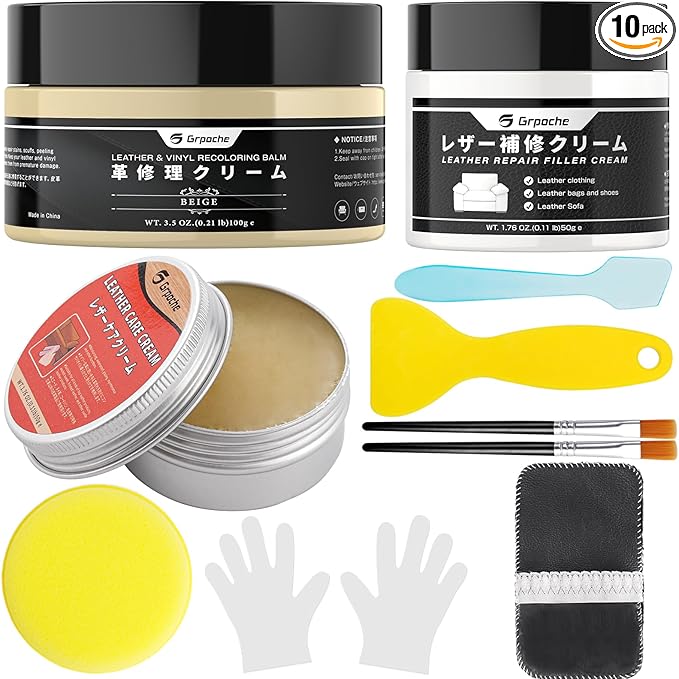 Leather Recoloring Balm Beige, Mink Oil Leather Conditioner & Leather Filler Cream, Leather Repair Kit for Furniture,Vinyl Repair Kit Restore Couches, Car Seats, Purse, Scratch, Peeling, Burn Holes