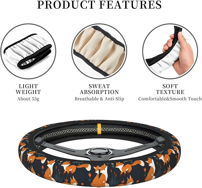 Foxes Steering Wheel Cover Women 15 inch Anti-Slip Sweat Absorption Steering Wheel Covers Cute Car Accessories Decor Car SUV Sedan Vans Truck Protector