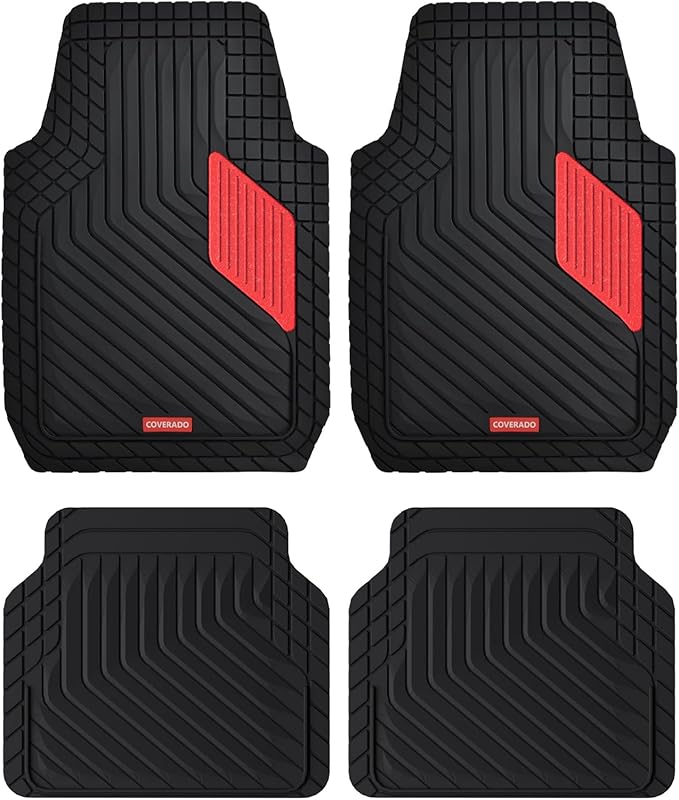 Coverado Red Rubber Car Floor Mats with Metallic Aluminum Film, Waterproof All Weather Protection, Universal Trim-to-Fit Automotive Mats for Cars SUVs Trucks, 4PCS Set