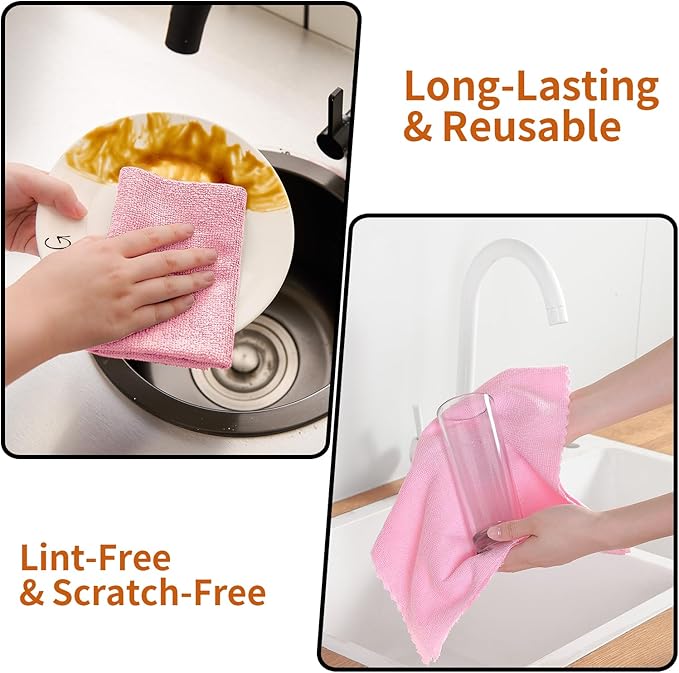 80 Pack Microfiber Cleaning Cloth Roll,Lint Free Rags & Tear Away Reusable Towels Washable Scratch,Ultra Absorbent Dish Rags(12" x 12") for Car Kitchen Home Garage-Pink