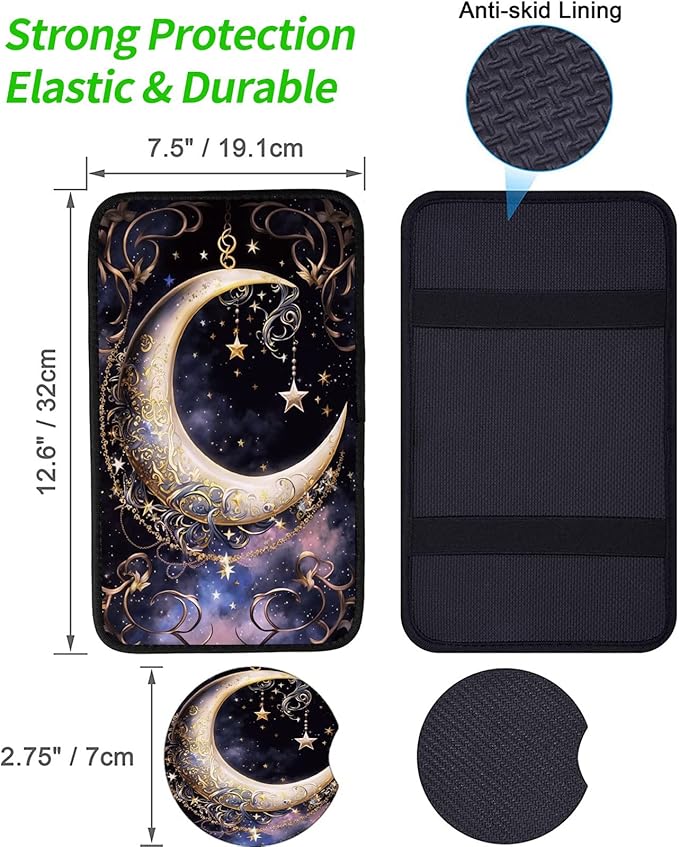 Car Armrest Cover Pads Universal Fashion Cute Auto Center Console Armrest Cover Pad with 2PCS Car Coasters Soft Waterproof Car Armrest Seat Protector for Women Girls, Crescent Stars in Sky