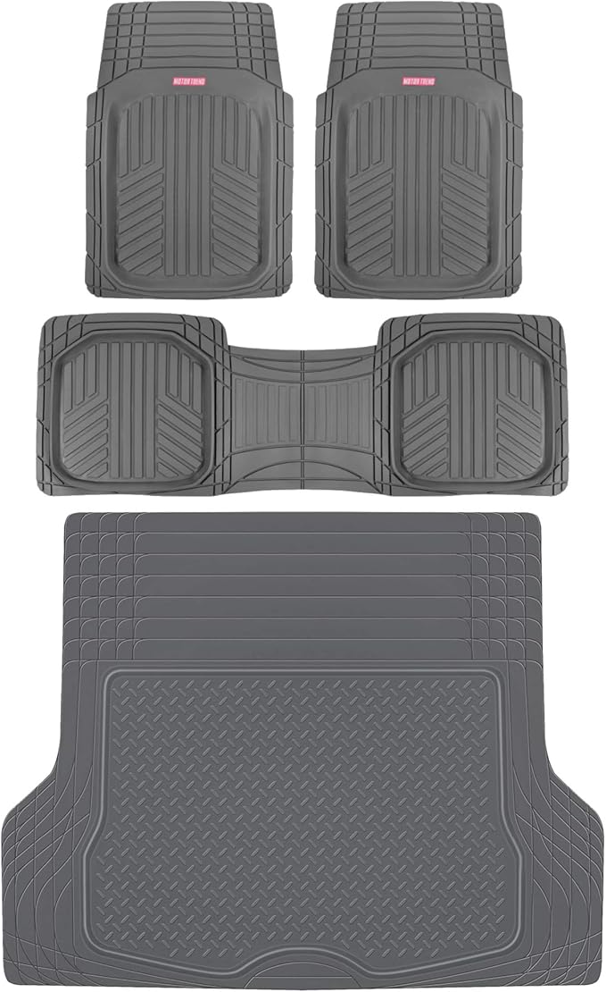 Motor Trend FlexTough™ Deep Dish Plus Rubber Car Floor Mats with Trunk Mat Cargo Liner, Front & Rear Combo Set fits Most Car SUV Van Coupe Sedan, Heavy Duty All Weather Trim to Fit