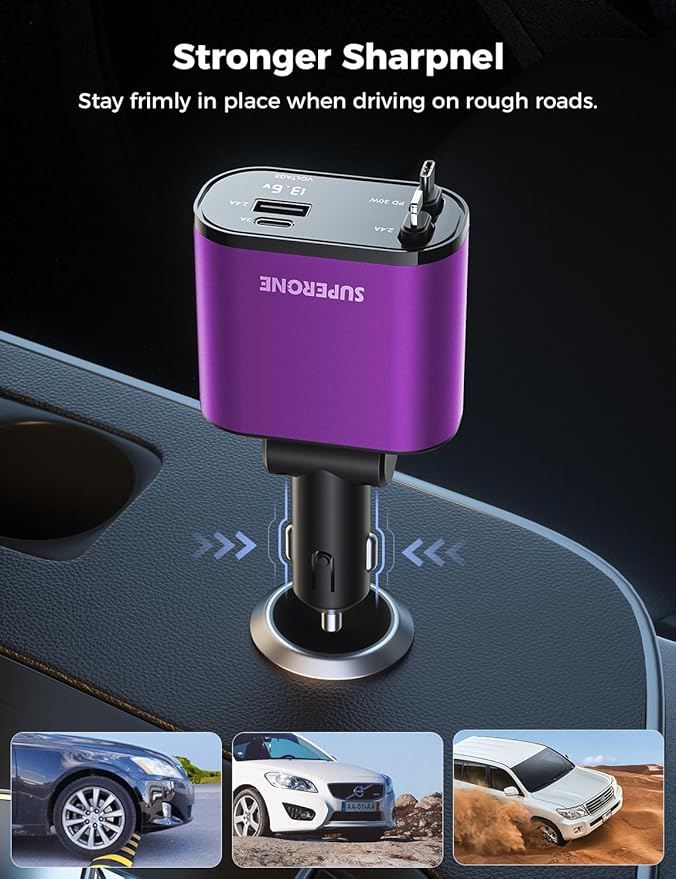 SUPERONE 【Upgraded】 Retractable Car Charger 4 in 1, Fast Car Phone Charger with Cord 2.6ft, USB C and Apple Car Charger Adapter, Compatible with iPhone 17/16/15/15 Pro Max/14/13/12/11, Galaxy, Pixel