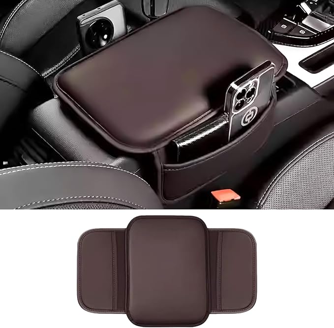 Car Center Console Cover, Leather Comfort Armrest Cover with 2 Storage Bag, Interior Car Accessories Universal Car Arm Rest Cover Pad for Car Decoration and Storage, Fit for Most Vehicle (Brown)
