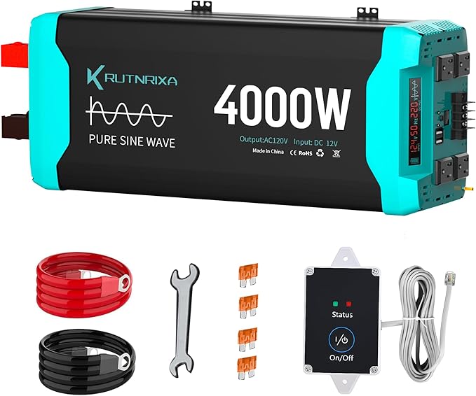 4000W Pure Sine Wave Inverter Peak 8000w 12V DC to 120V AC for RV, Truck, Off-Grid, Home, Solar Car Power Inverter with Dual AC Hardwire Port, 20A Socket, 5V 2.1A USB