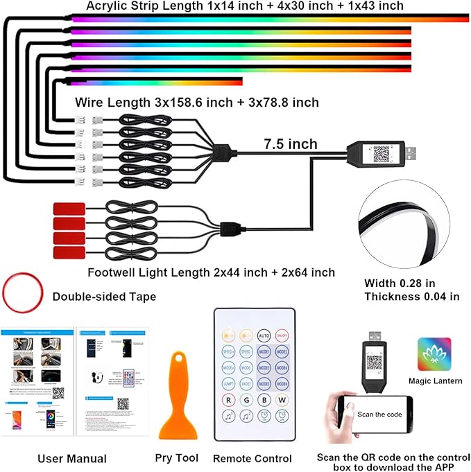 Acrylic Interior Car Lights with Wireless APP/Remote/Button Control, 10 in 1 Dreamcolor USB Car Ambient Lighting Kit 16 Million Colors Neon Strip Accessories for Vehicle Truck Inside Decorations