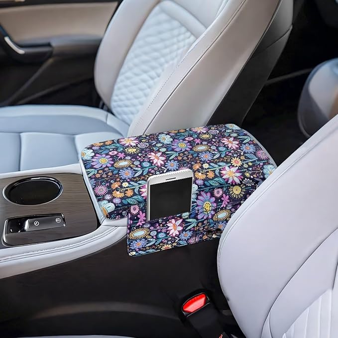 Wanyint Hippie Flower Lotus Car Center Console Cushion Cover Universal Armrest Box Mat Scratch Resistant Wear-Resistant Arm Rest Pad with Pockets Storage Bag Auto Accessories for Women