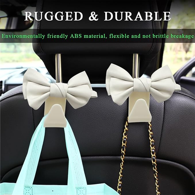 2 PCS Car Seat Headrest Hooks, Cute Bow Shaped Vehicle Backseat Storage Hooks, Leather Bow Shaped Sturdy Car Seat Back Hooks for Purses/Coats/Umbrellas, Car Accessories (White)