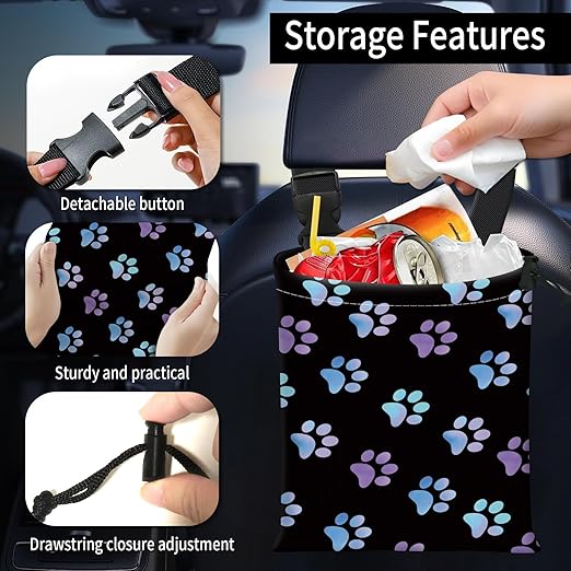 Car Trash Bag Large Hanging Can for Back of Seat, Cute Waterproof Car Garbage Bag for Vehicle, Travelling, Outdoor Cute Purple Paw