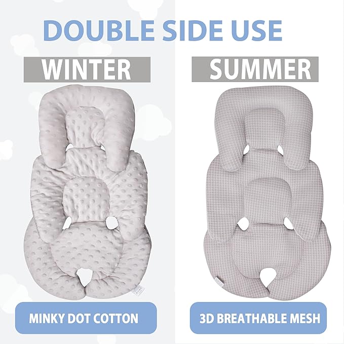 Infant Carseat Insert, 2-in-1 Reversible Baby Car Seat Cushion for Newborn Toddler Head & Body Support Car Seat Pad for Carseats, Strollers, Swings, Bouncers