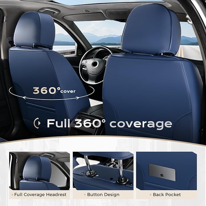 Coverado Car Seat Covers, Front Covers for Cars, Car Seat Cover Front Seats, Automotive Seat Cover, Waterproof, Leather Car Seat Cushion, Universal Interior Seat Protectors for Most Cars Blue-White