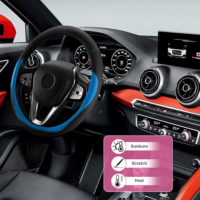 Car Steering Wheel Cover, Universal 15" Anti-Slip Auto Steering Wheel Protector for Men Women, Breathable Odor Free Leather Steering Wheel Car Accessories Fit Most Vehicles (Blue)