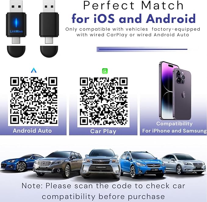 Wireless CarPlay adapter & wireless Android Auto adapter, 2-in-1 USB-A/USB-C dongle for factory wired CarPlay iOS 10+ & Android 11+ cars, easy to install, 3s auto-connect, 5.8 GHz Wi-Fi, Bluetooth 5.2
