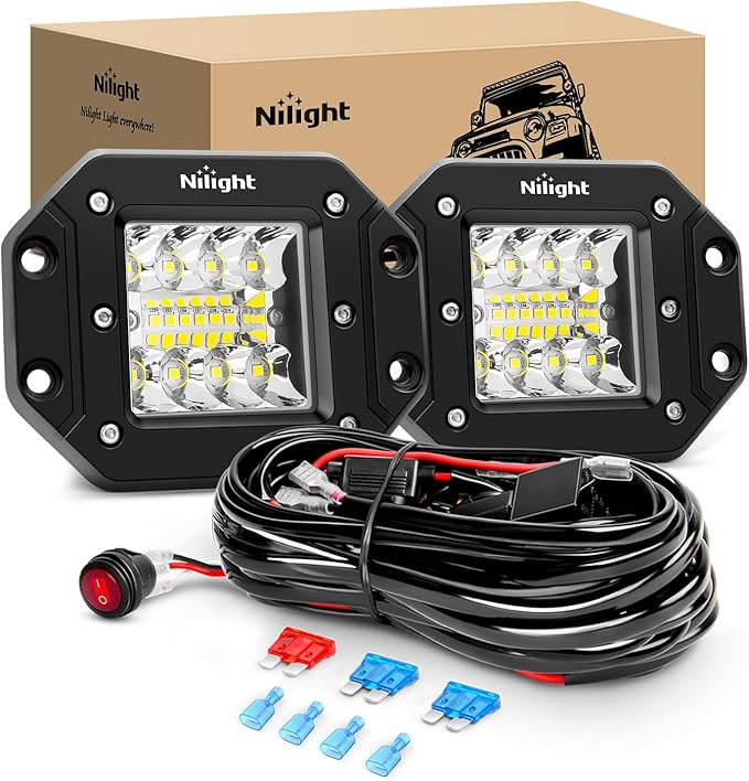Nilight 2PCS 42W Flush Mount LED Pods Spot Flood Combo Beam Driving Backup Reverse Light Grill Mount with Wiring Harness Kit -2 Leads (ZH413)