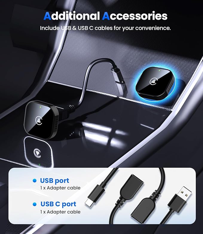 Teeran 2 in 1 Wireless CarPlay and Android Auto Adapter, Easy Setup Plug and Play, Fast Seamless Use Supports 1000+ Cars with Built-in Wired Car Play/Android Auto Compact Sleek Design Car Adapter