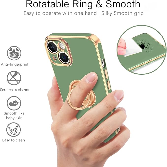 VENINGO Compatible with iPhone 14 Case, Slim Fit Soft 360° Ring Holder Kickstand Magnetic Car Mount Supported Easy Clean Shockproof Protective Cover for iPhone 14 6.1" 2022,Matcha Green