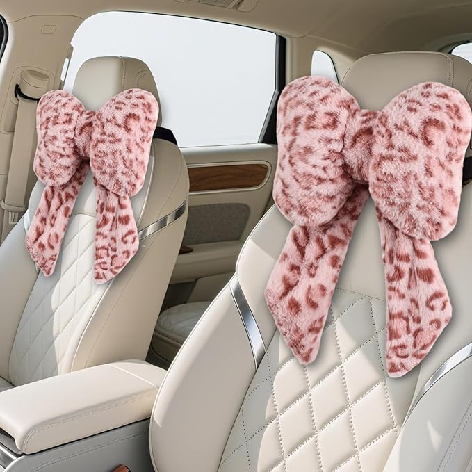 2 Pack Bow Car Headrest Pillow Comfortable Soft Plush Head Rest Cushion, Neck Pillow for Driving Office Use and Car Interior Decoration (Pink Leopard)