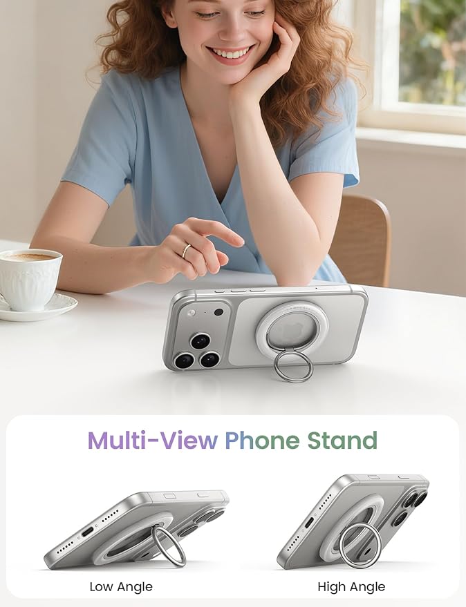 Lamicall Magnetic Phone Ring Grip Holder for MagSafe, 360° Rotating with Smooth Damping, Crystal White Finger Grip Kickstand, Strong Magnet Mag Safe Accessories for iPhone 17 Pro Max Air, All Phones